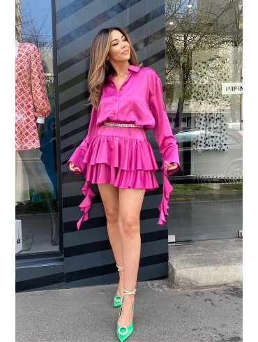 TGH ROCHIE MINI FIESTA DIN SATIN CU VOLANE LA MANSETE