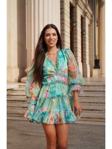 TGH ROCHIE MINI CU VOLANE SI MANECI LUNGI FLORAL FROST