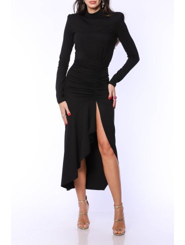 TGH DRAPED WAIST ASYMMETRIC FRONT SLIT MIDI DRESS