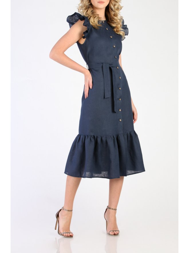 CARLA LINO FRONT BUTTONS RUFFLED MIDI DRESS