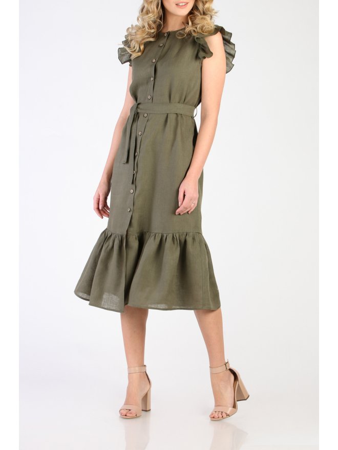 CARLA LINO FRONT BUTTONS RUFFLED MIDI DRESS