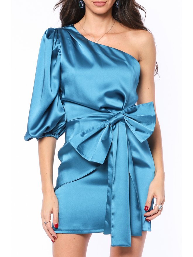 TGH ONE-SLEEVE FABULOUS BOW SATIN MINI DRESS