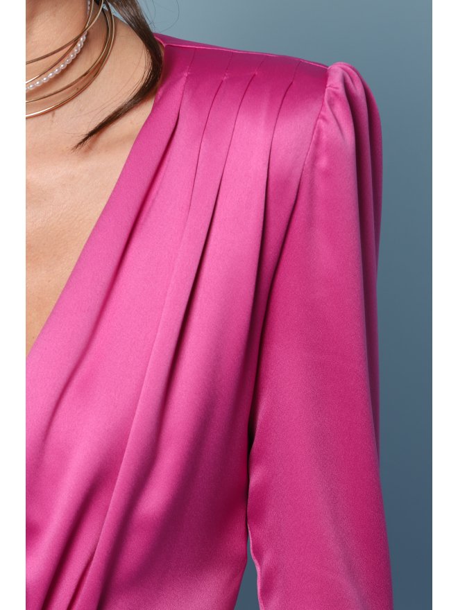 TGH RUFFLED CUFFS V-NECK INVITING SATIN MINI DRESS