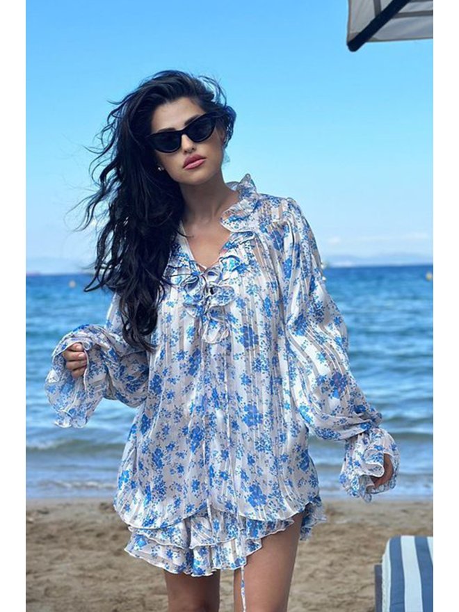 TGH CAMASA CU VOLANE SI PRINT FLORI BLUE