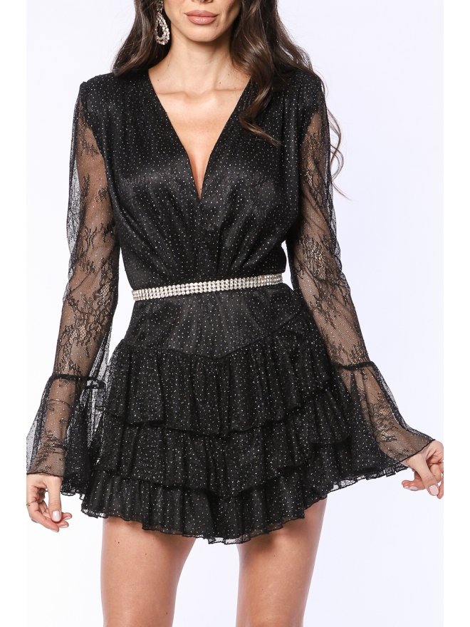 TGH ROCHIE MINI LACE&GLITTER CU VOLANE ASIMETRICE