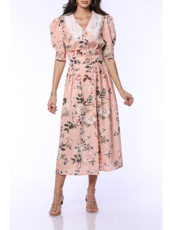 TGH LINO ROCHIE MIDI CU GULER BRODAT SI PRINT FLORAL