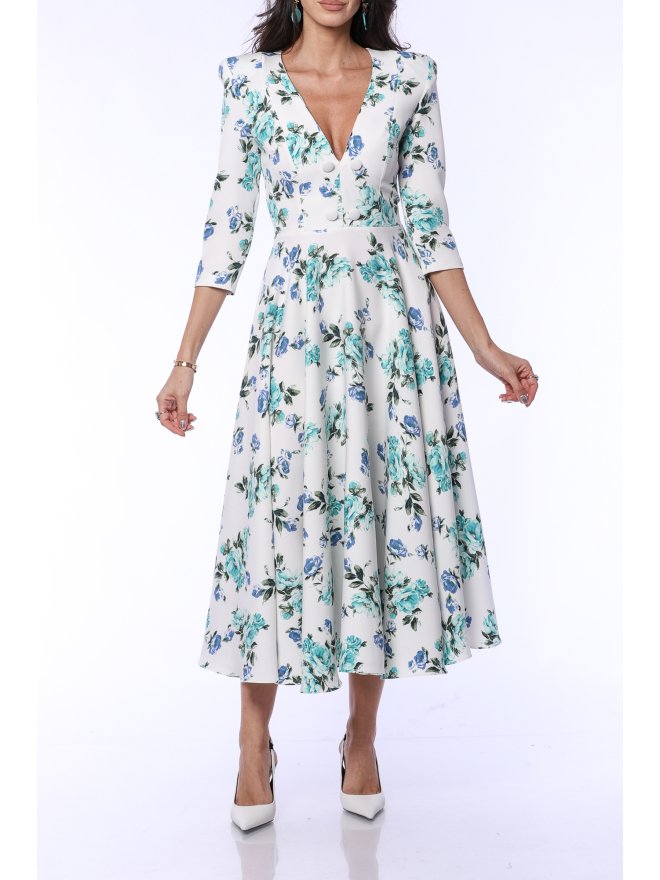 TGH SOPHISTICATION BLUE ROSE PRINT MIDI DRESS