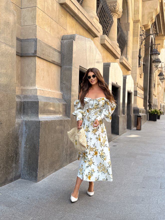 TGH ROCHIE MIDI A-LINE FLORAL SERENADE CU UMERI GOI