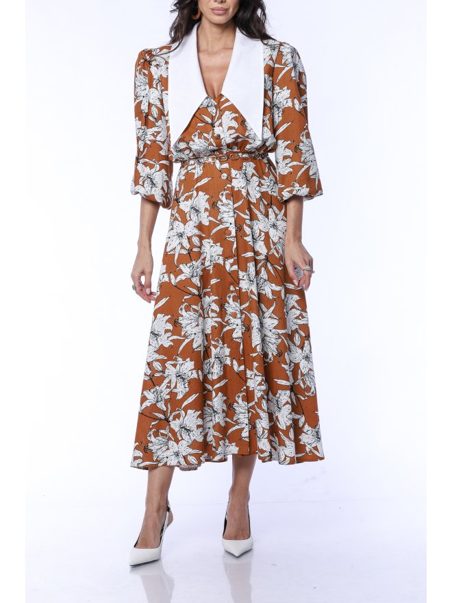 TGH LINO ROCHIE MIDI CU PRINT FLORAL SI GULER ASCUTIT