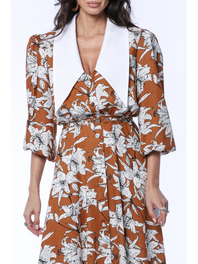 TGH LINO ROCHIE MIDI CU PRINT FLORAL SI GULER ASCUTIT