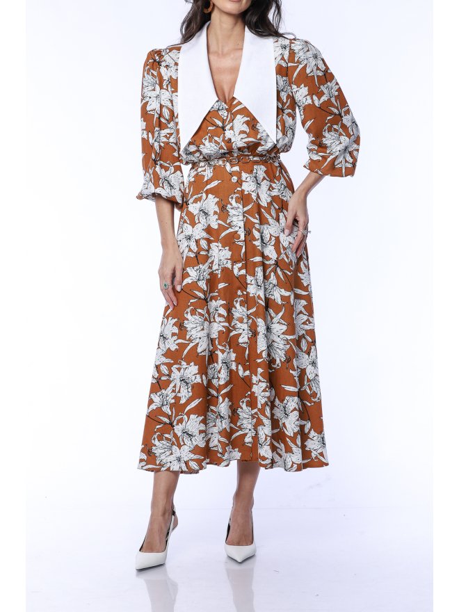 TGH LINO ROCHIE MIDI CU PRINT FLORAL SI GULER ASCUTIT