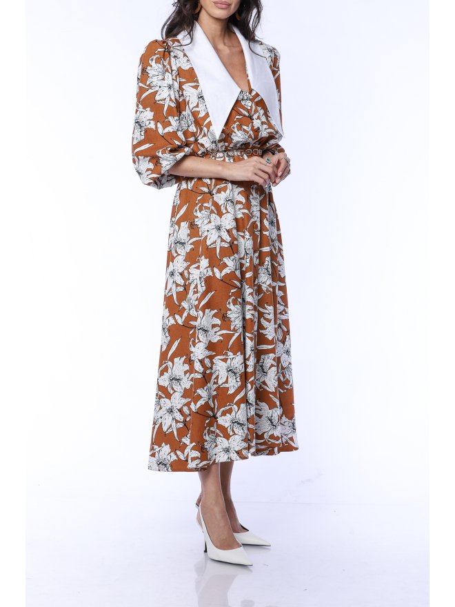 TGH LINO ROCHIE MIDI CU PRINT FLORAL SI GULER ASCUTIT