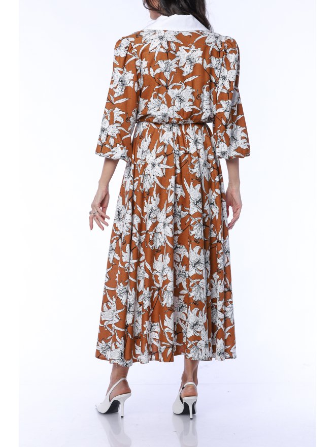 TGH LINO ROCHIE MIDI CU PRINT FLORAL SI GULER ASCUTIT