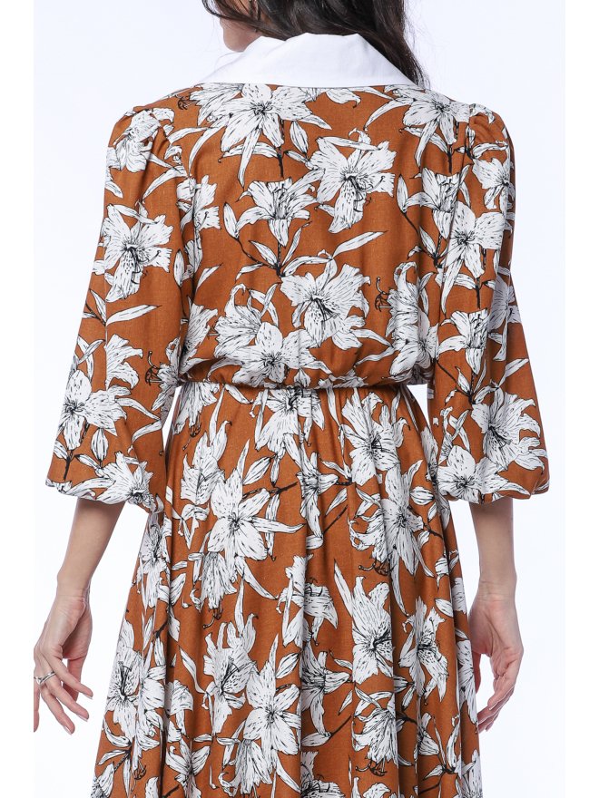 TGH LINO ROCHIE MIDI CU PRINT FLORAL SI GULER ASCUTIT