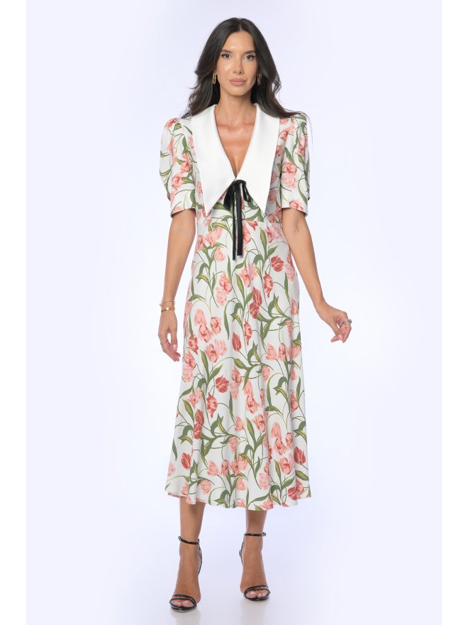 TGH ROCHIE MIDI CU GULER ASCUTIT  SALMON TULIPS 