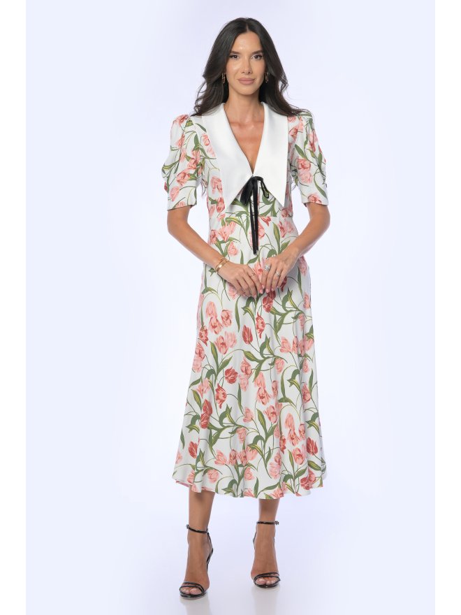 TGH ROCHIE MIDI CU GULER ASCUTIT  SALMON TULIPS 