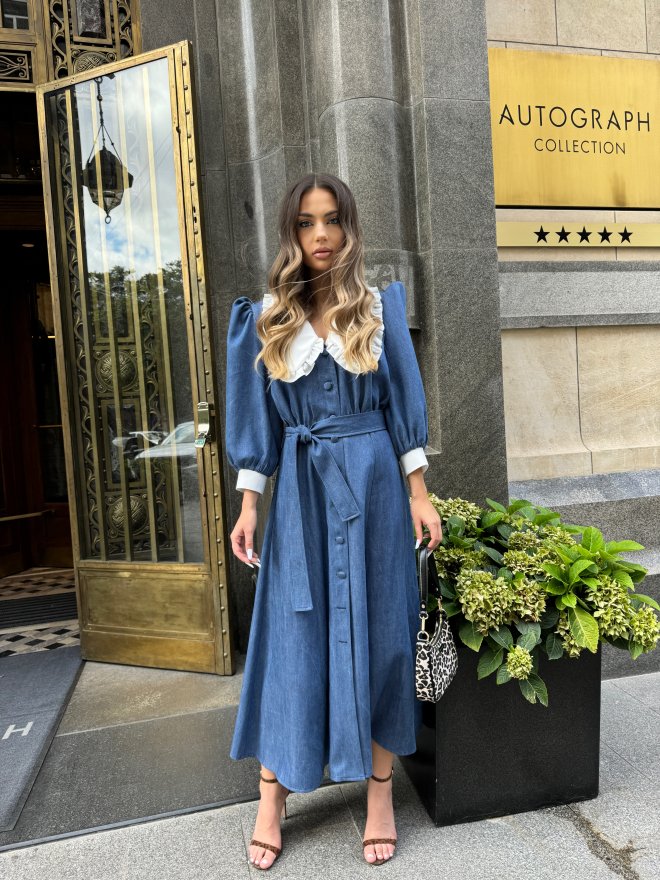 TGH ROCHIE MIDI VIVID DENIM CU GULER VICTORIAN