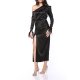 TGH ROCHIE MIDI DIN SATIN CU SLIT ADANC SI MANSETE DIN PENE